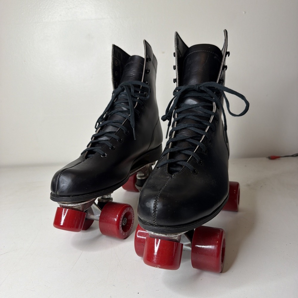 VTG Leather Roller Derby Men's Size 12 Black High Top Roller Skates w/Red Wheels